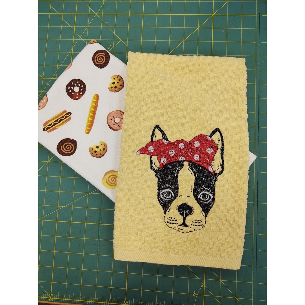 BOSTON TERRIER With Headband Kitchen Bath Hand Bar Towel Set of 2 Hostess Gift!